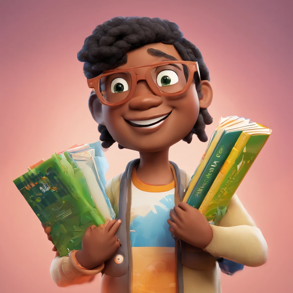 Crie um cartaz inspirado na Disney Pixar com o personagem sendo dois jovens advogados, Um homem negro de pele clara com cabelo cortado e uma mulher de cabelos longos escuros, Wearing glasses with sardines on her face and fair skin in an office with book on table, Looking forward and serious