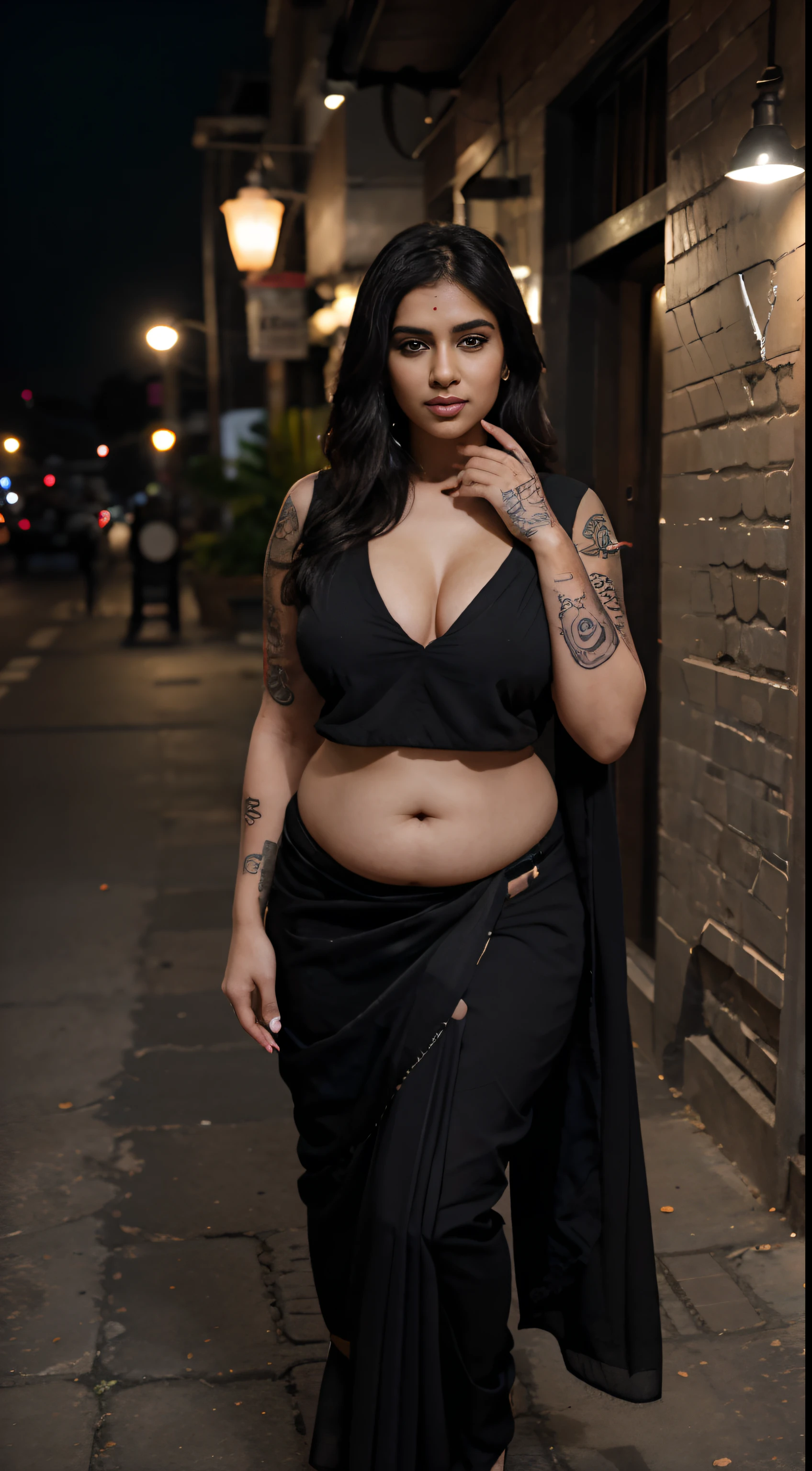Photograph of an Indian babe, Waring a traditional black saree and blouse, black blouse, rich, black saree, black blouse, Tattoo , full body tattoO, belly tattoo, hand tatto, face tatto, sexy body, huge boobs, big breast, sexy cleavage, cleavage, Indian chubby babe, 27 years old, mature figure, chubby, fatty, hot, hot face, real, realistic, bright, bright light, real face, soft shadow, Soft lights, Tatted, High quality, masterpiece, Canon r 5, 85mm, f 1.4, emphasis on the tattoo, 4k