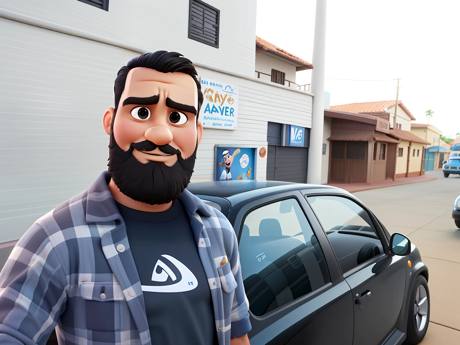 Poster no estilo Disney pixar, alta qualidade, melhor qualidade, homem sexy branco, 37 anos cabelo preto, barba preta, musculoso, com fundo em uma rua encostado no carro preto.