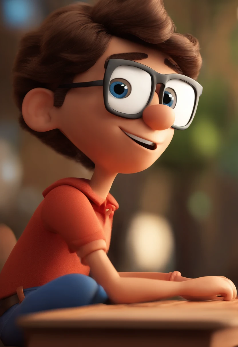 Cartoon character of a man wearing black glasses and a blue shirt, um personagem animado, Caractere estilizado, animation style rendering, 3D estilizado, Arnold Maya render, 3 d render stylized, toon render keyshot, Personagem 3D, Personagem 3D, 3d rendering stylized, 3 d character render, personagem de desenho animado, Personagem de close up, Pose de personagem, (Estilo Pixar) (master part:1.2) (Bokeh) (best quality) (pele detalhada) (textura detalhada) (8k) (argila) (Cinematic lighting) (foco nítido,Senta e vaza a parte superior do corpo