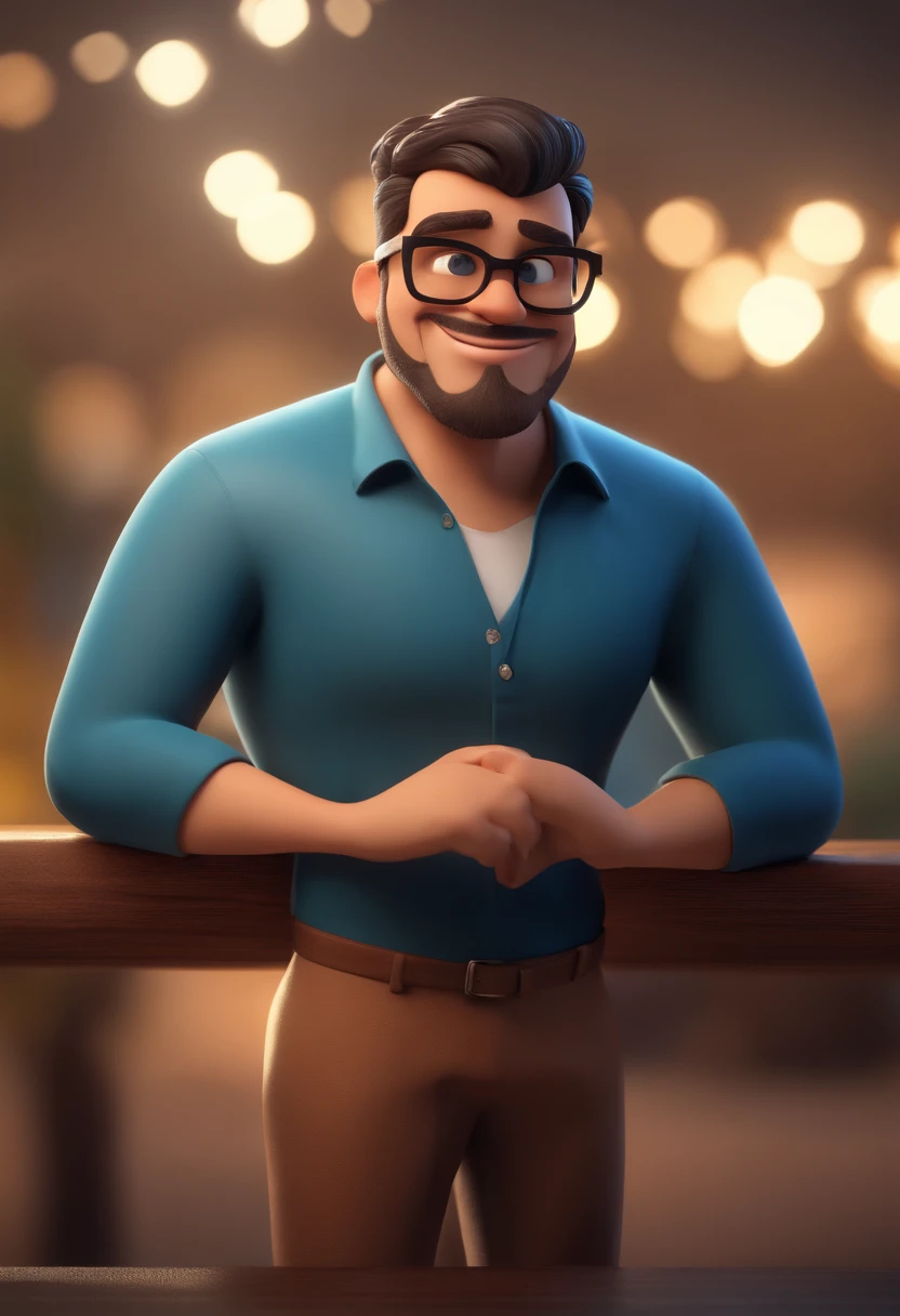 Cartoon character of a man with black glasses and a blue shirt, animation character, Caractere estilizado, animation style rendering, 3D estilizado, Arnold Maya render, 3 d render stylized, toon render keyshot, Personagem 3D, Personagem 3D, 3d rendering stylized, 3 d character render, personagem de desenho animado, Personagem de close up, Pose de personagem, (Estilo Pixar) (master part:1.2) (Bokeh) (best quality) (pele detalhada) (textura detalhada) (8k) (argila) (Cinematic lighting) (foco nítido) em um ambiente automobilistico futurista