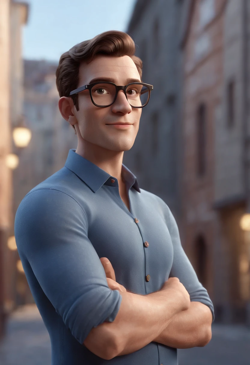Cartoon character of a man wearing black glasses and a blue shirt, um personagem animado, Caractere estilizado, animation style rendering, 3D estilizado, Arnold Maya render, 3 d render stylized, toon render keyshot, Personagem 3D, Personagem 3D, 3d rendering stylized, 3 d character render, personagem de desenho animado, Personagem de close up, Pose de personagem, (Estilo Pixar) (master part:1.2) (Bokeh) (best quality) (pele detalhada) (textura detalhada) (8k) (argila) (Cinematic lighting) (foco nítido,Senta e vaza a parte superior do corpo