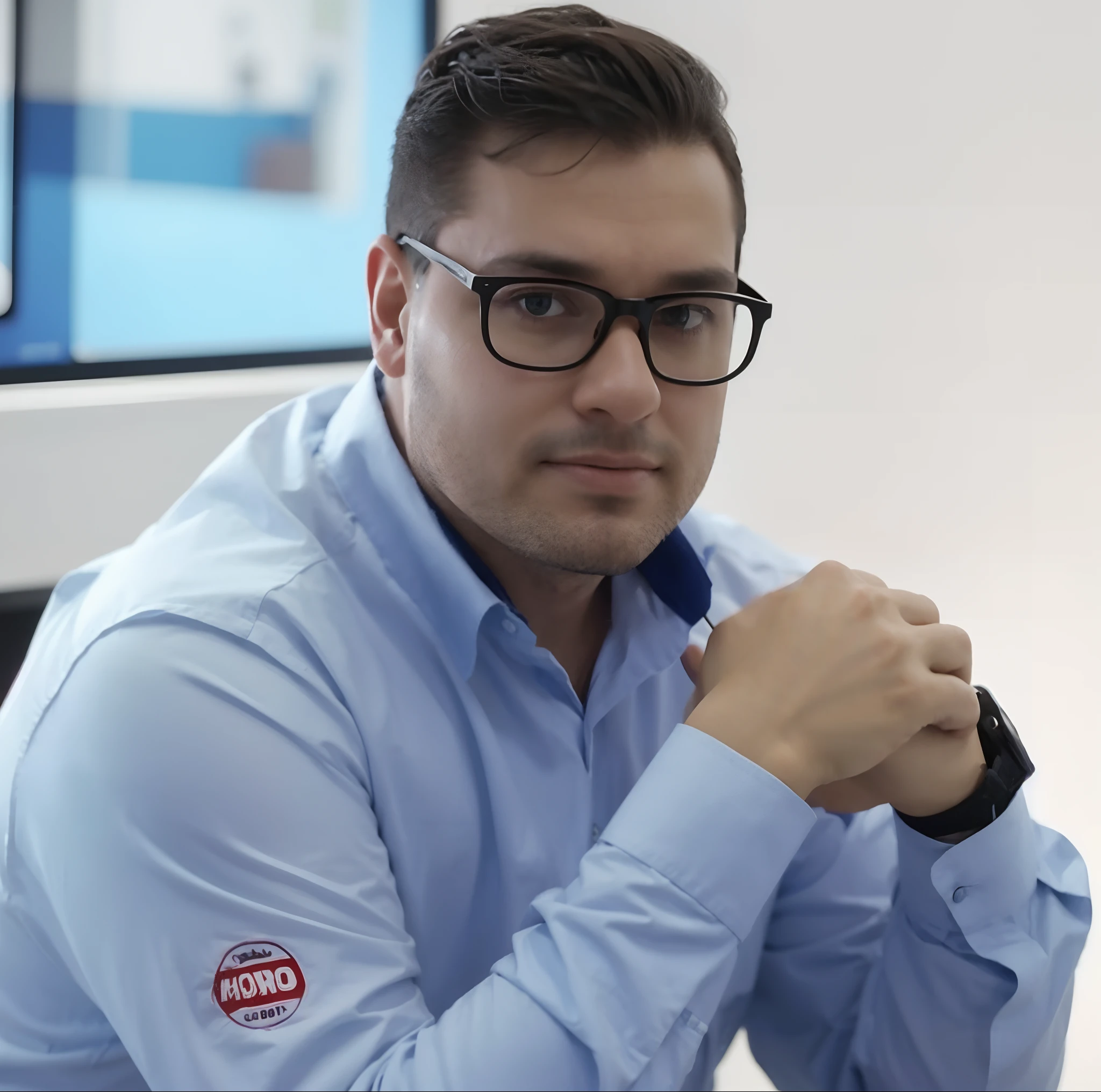 Criar um personagem no estilo Pixar. Trata-se de um homem de 30 anos, com barba, Branco, com cabelos castanhos curtos e um quiff, e olhos castanhos. Ele deve estar na frente de um computador, Trabalhar como designer