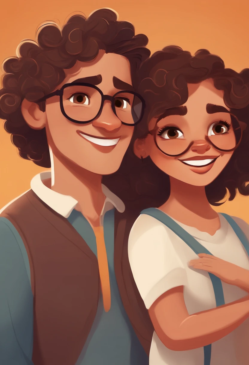 An illustration of an adorable couple, Spotlight on a smiling chubby white boy and a brunette girl with beautiful expressive eyes and glasses - the boy's skin is white and the boy's hair is curly, while the girl's skin is white and the girl's hair is curly and brown. They are a bright room, cada um com um sorriso no rosto, Insights. Illustrate this scene from a perspective where they are facing the camera, Sorrindo. Desenvolva esta arte em Full HD, Focus on your cinematic touch, Estilo Disney Pixar Animations