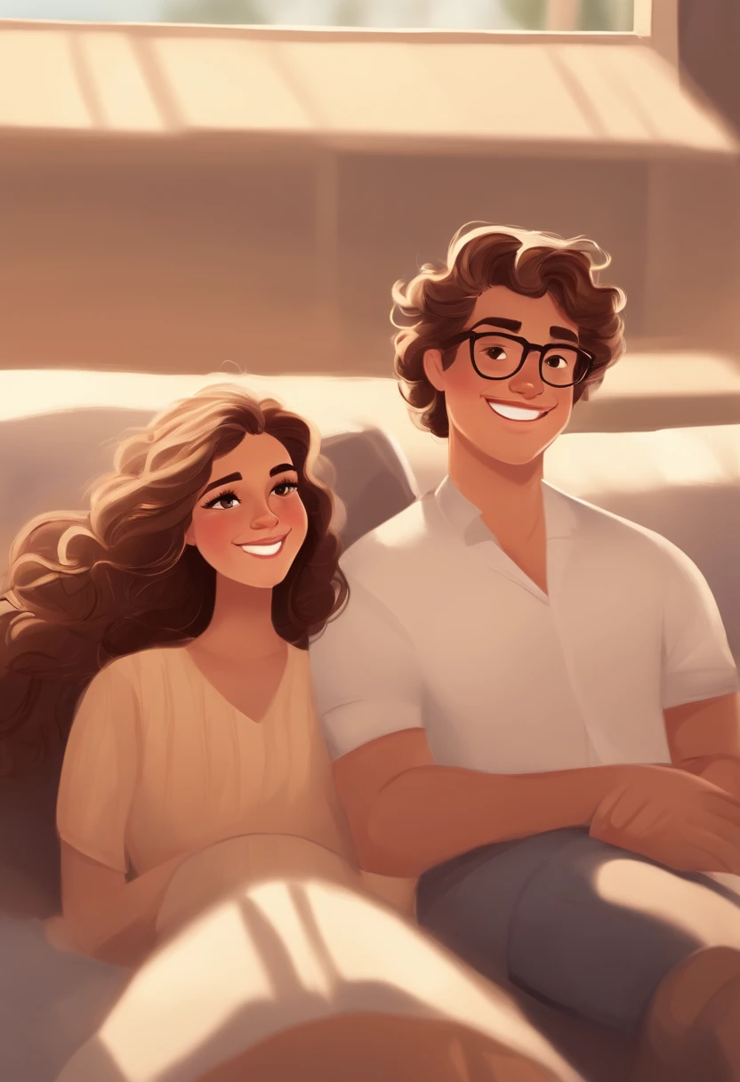 An illustration of an adorable couple, Spotlight on a smiling chubby white boy and a brunette girl with beautiful expressive eyes and glasses - the boy's skin is white and the boy's hair is curly, while the girl's skin is white and the girl's hair is curly and brown. They are a bright room, cada um com um sorriso no rosto, Insights. Illustrate this scene from a perspective where they are facing the camera, Sorrindo. Desenvolva esta arte em Full HD, Focus on your cinematic touch, Estilo Disney Pixar Animations
