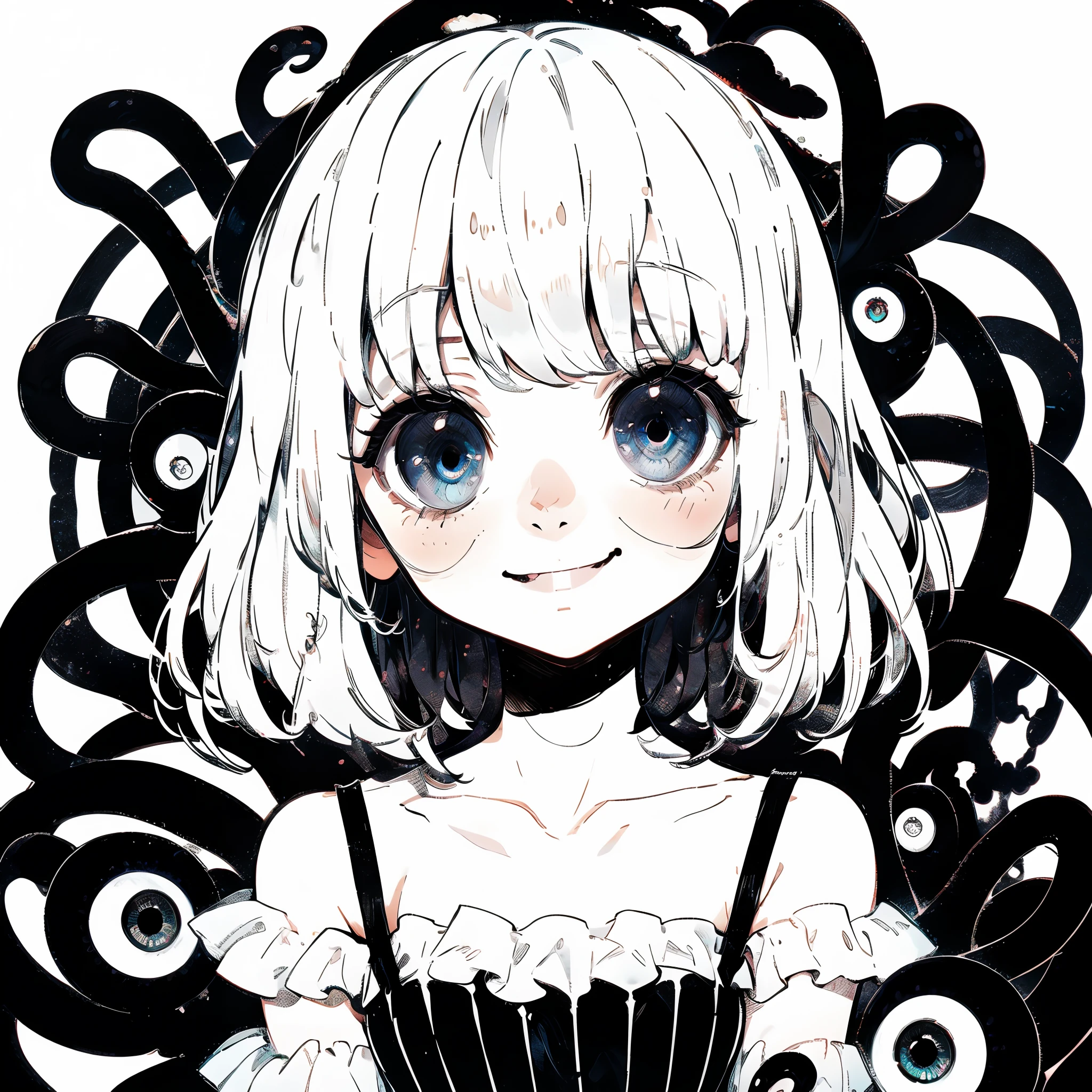 girl with dress. anime style illustration. It's a girl with tentacles. At the end of the tentacle is an eye. Girl with wide eyes. Her eyes are shining. She grins.Crazy Eye Expression.