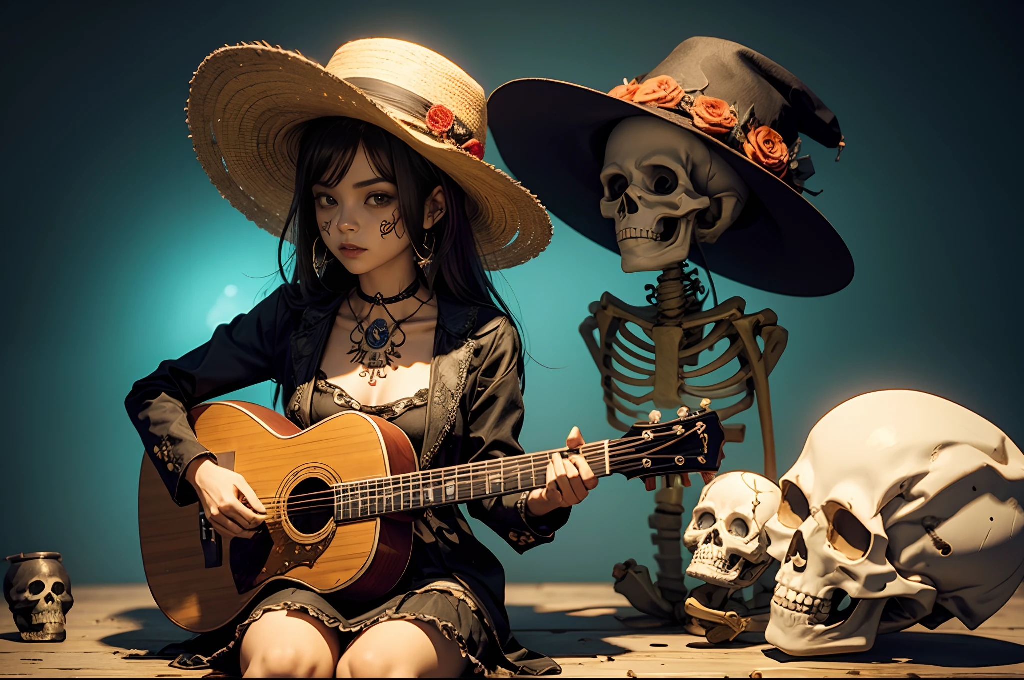 Cute skeletons with Mexican hat playing the guitar, Dia de los muertos imagery, 3d Pixard style, highly detailed.