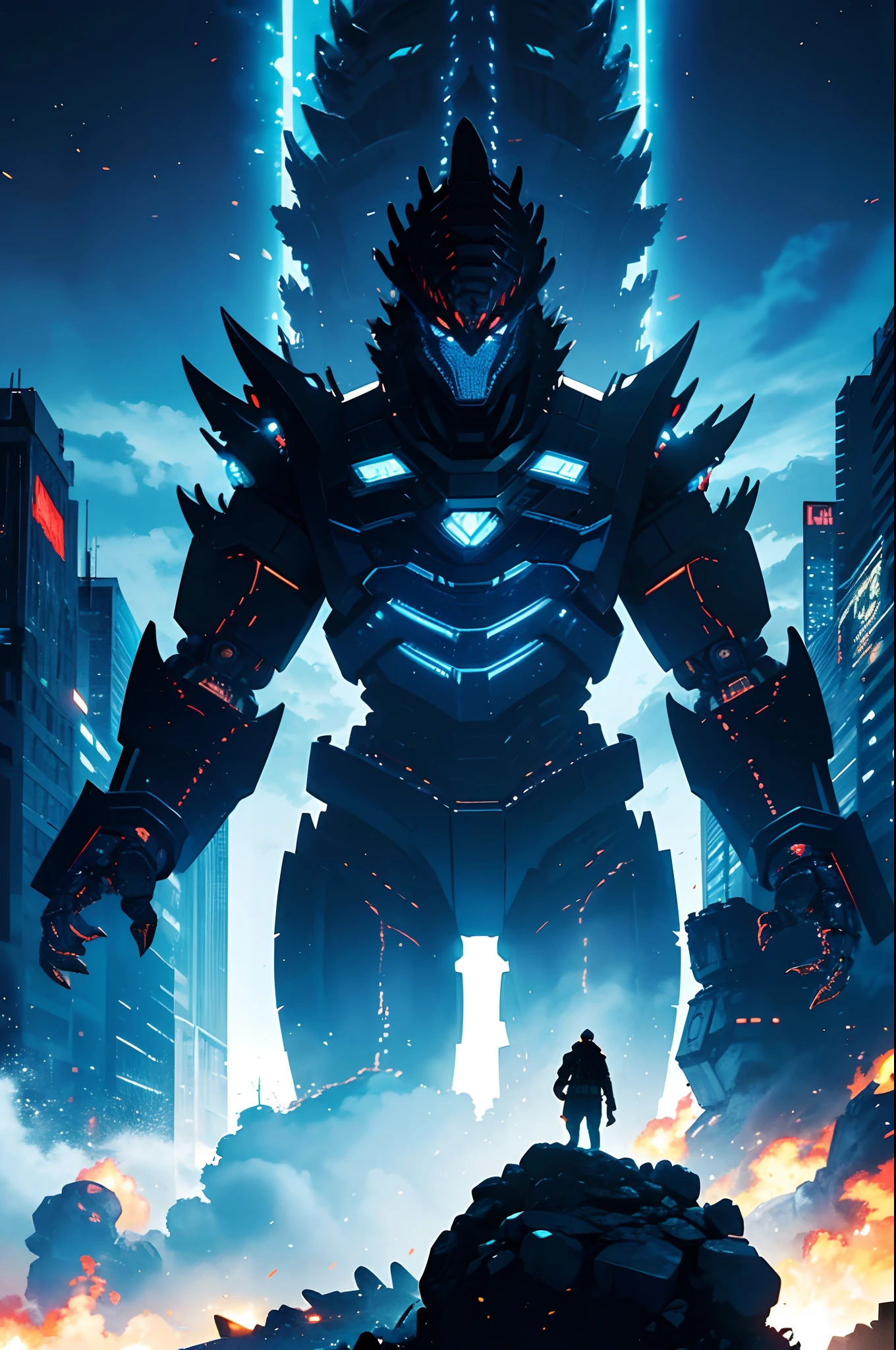 ,masterpiece, best quality,8k, ultra highres,In the ruins of an abandoned futuristic city,A tall mechanical sculpture,The figure of the skeleton knight was particularly fierce。Blue electric arcs surround his skeleton,Among the wreckage of a deserted city,The result is a surreal aesthetic landscape,Evoke reverie of an unknown future。 --auto