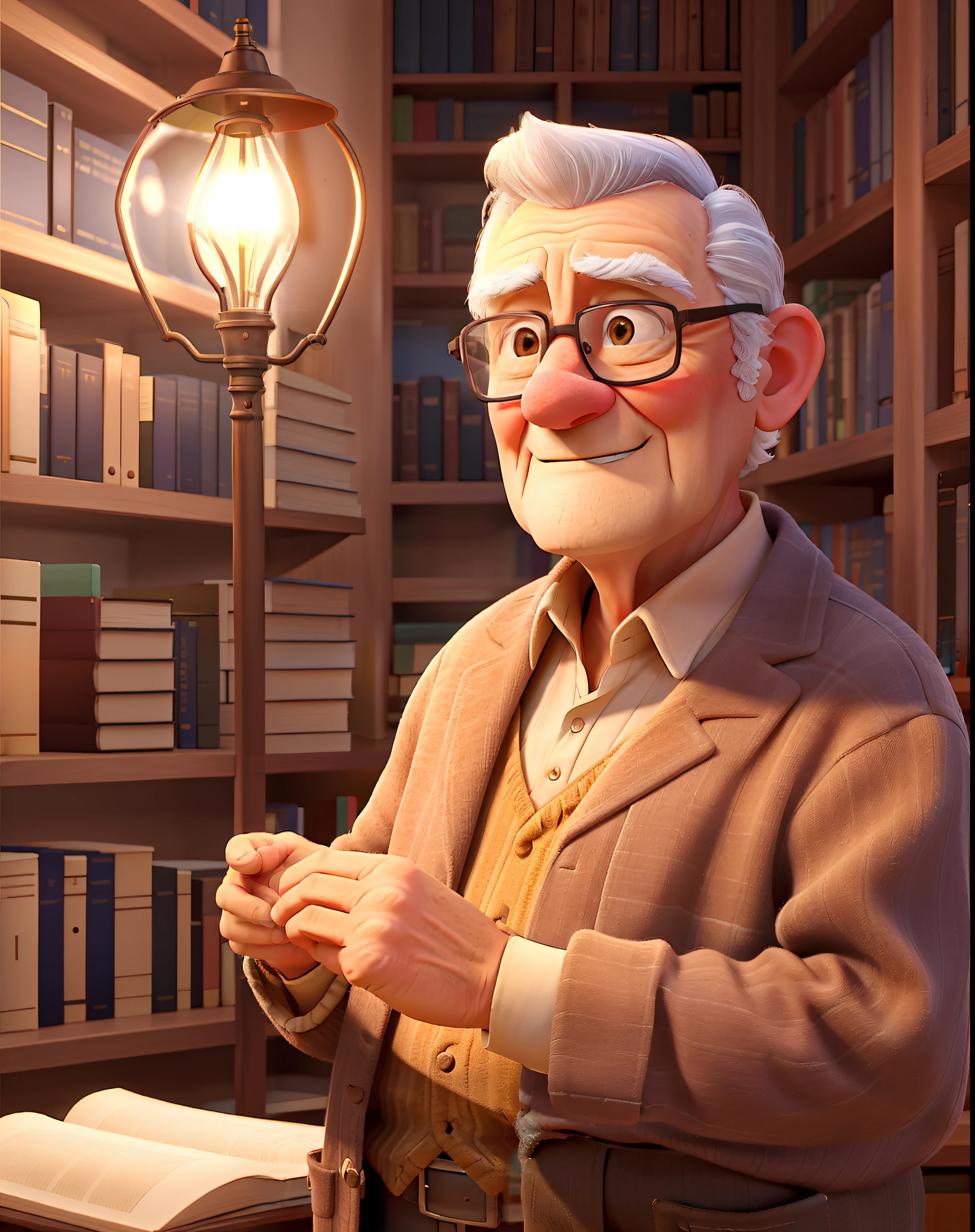 A wise old man standing in front, illuminated by the light of a lamp, against the backdrop of a library