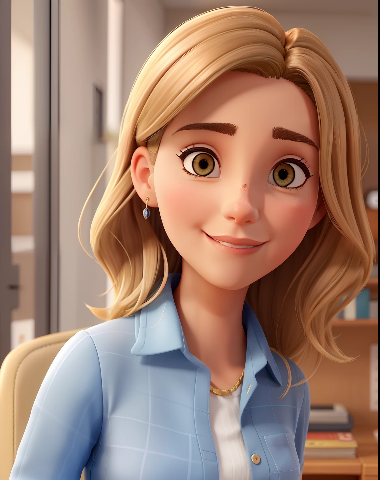 Beautiful 39-year-old girl with dark blonde hair, 1,55 de altura, rosto fino, pele branca, magra, perna grossa ela trabalha no departamento de marketing, wears social clothes and is in a corporate environment