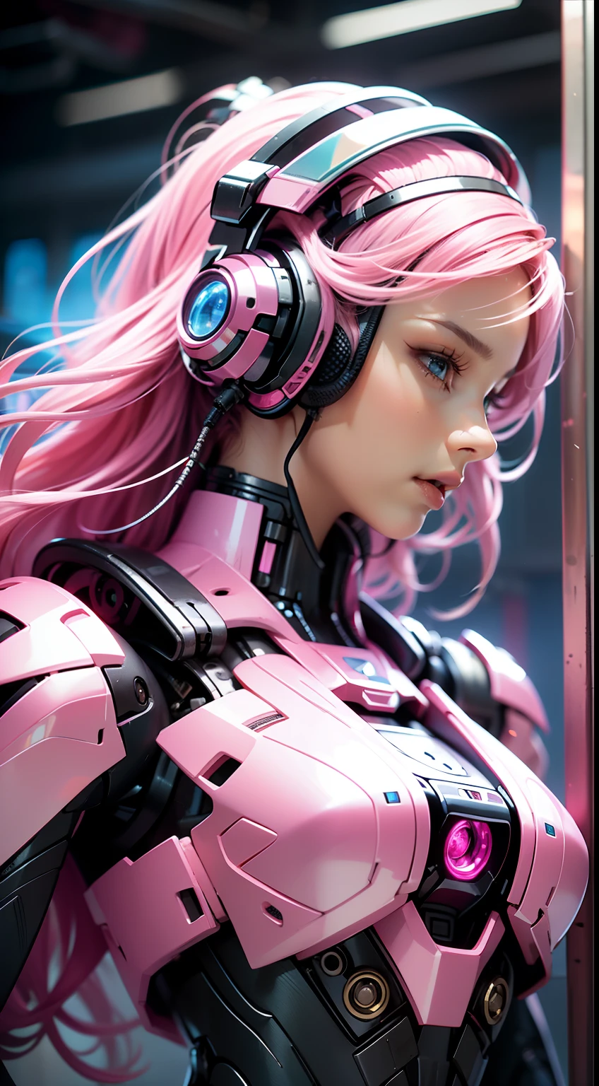 Pink mech female warrior，18-year-old girl，Nice face，HD ratio，The atmosphere of the planet Pandora，Diverse perspectives，Complicated details，Headsets