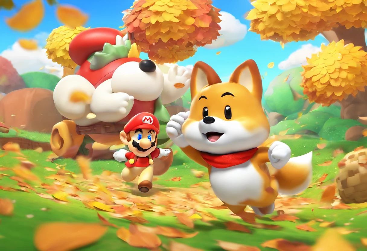 animesque、.3D、Shiba Inu in the foreground、autumnal、jpn、leaves falling、Running