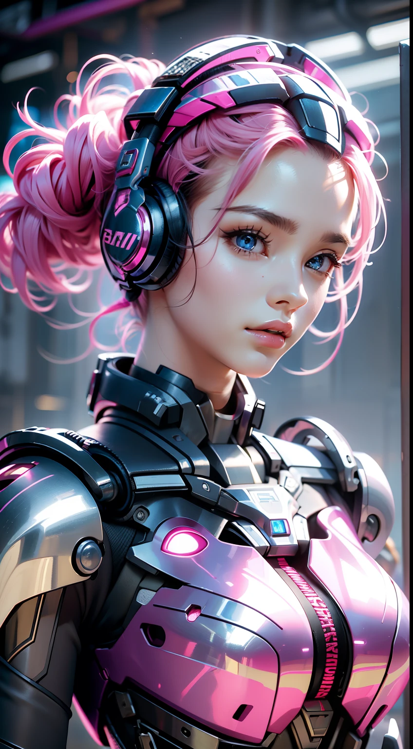 Pink mech female warrior,18-year-old girl,Nice face,HD ratio,The atmosphere of the planet Pandora,Diverse perspectives,Complicated details,Headsets