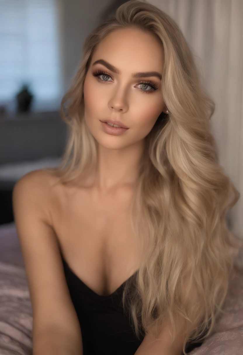 arafed woman fully , sexy girl with blue eyes, ultra realistic, meticulously detailed, portrait sophie mudd, blonde hair and large eyes, selfie of a young woman, bedroom eyes, violet myers, without makeup, natural makeup, looking directly at the camera, face with artgram, subtle makeup, stunning full body shot kneeling on bed, in bedroom, medium to large size bust mixed race