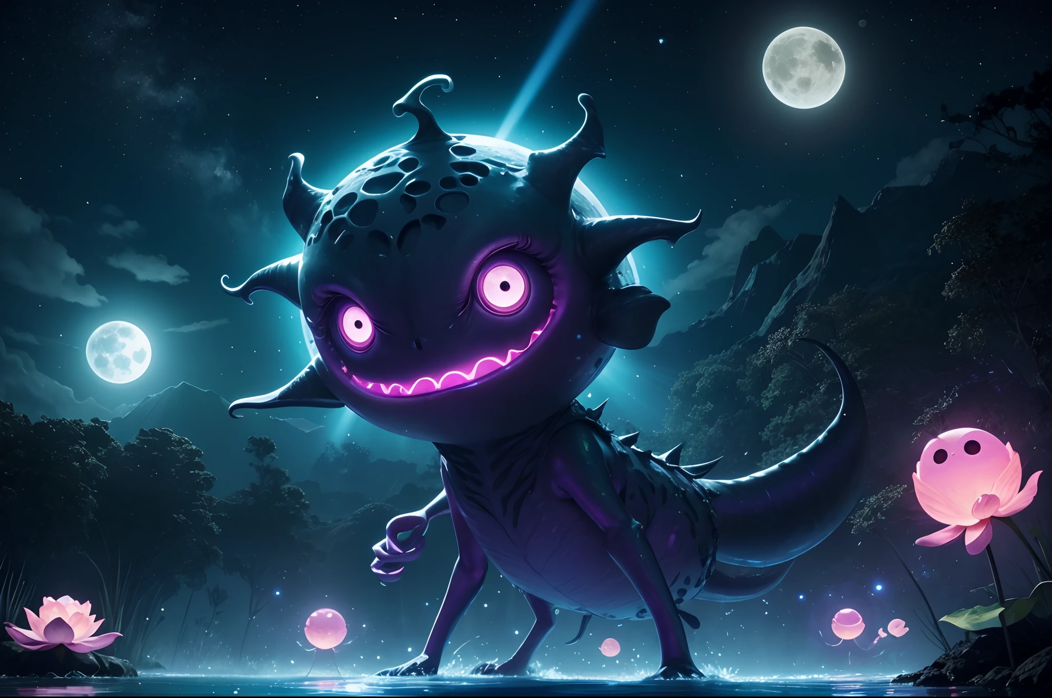 Pixar style, 3d, cute little monster with three eyes forming a triangle, six five jointed limbs, blobbish body covered with bioluminiscent ruffled nuddles. He holds russet paddles with two limbs, he is paddling on a float navigating an alien lake. Flotating round ultraviolet leaves and pink lotus flowers with laser beams. Two moons on different phases on the sky, alien landscape.
Illuminated by moonlight, laser beams, fireflies.
Great angular, deep depht of field, high definition.