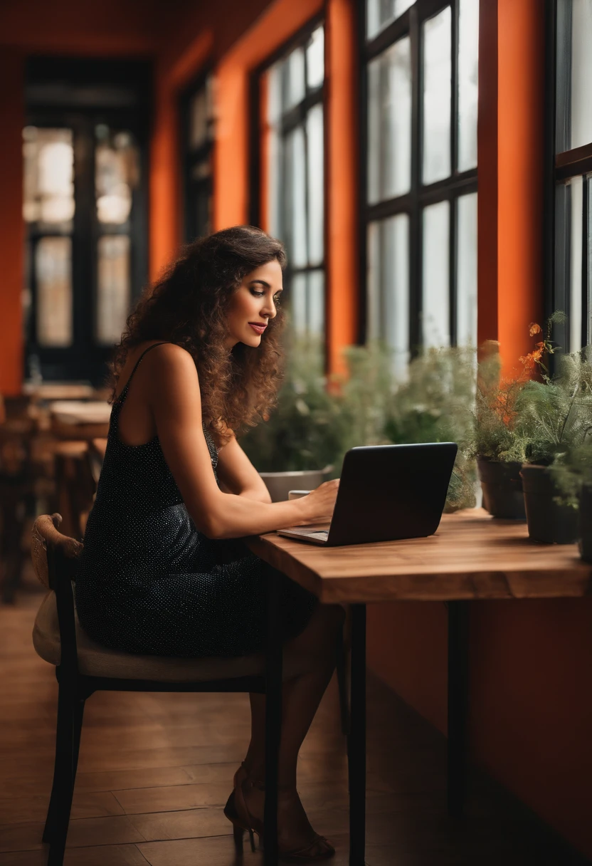 Make a Pixar-style image of a woman sitting at a table with a laptop and a cell phone, a portrait inspired by Gina Pellón, pexels, acontecimento, sitting at a café, Candid portrait photo, foto retrato, Deusa verificando seu telefone, verificando seu telefone, sentado em frente ao computador, sentado em um computador,