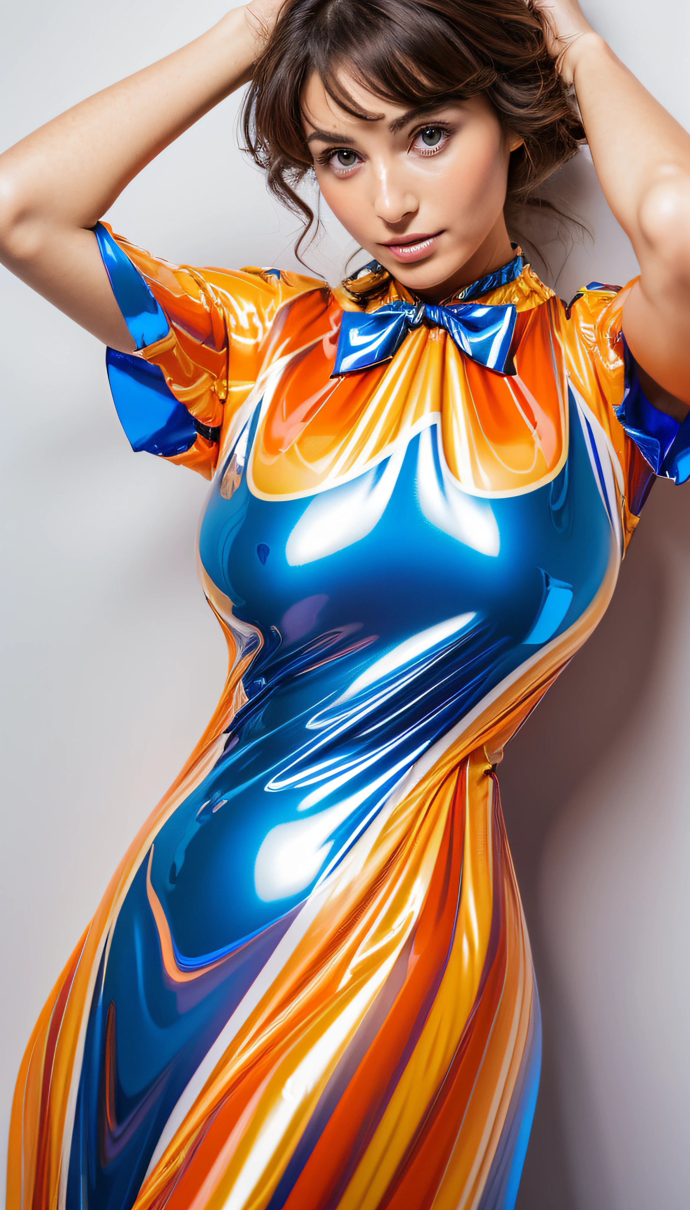 adult french milf woman with cyan blue hair, space bun haircut, gold T-shirt, cyan blue croppet jacked,big breast,white latex trousers, gold belt blue eyes, standing
