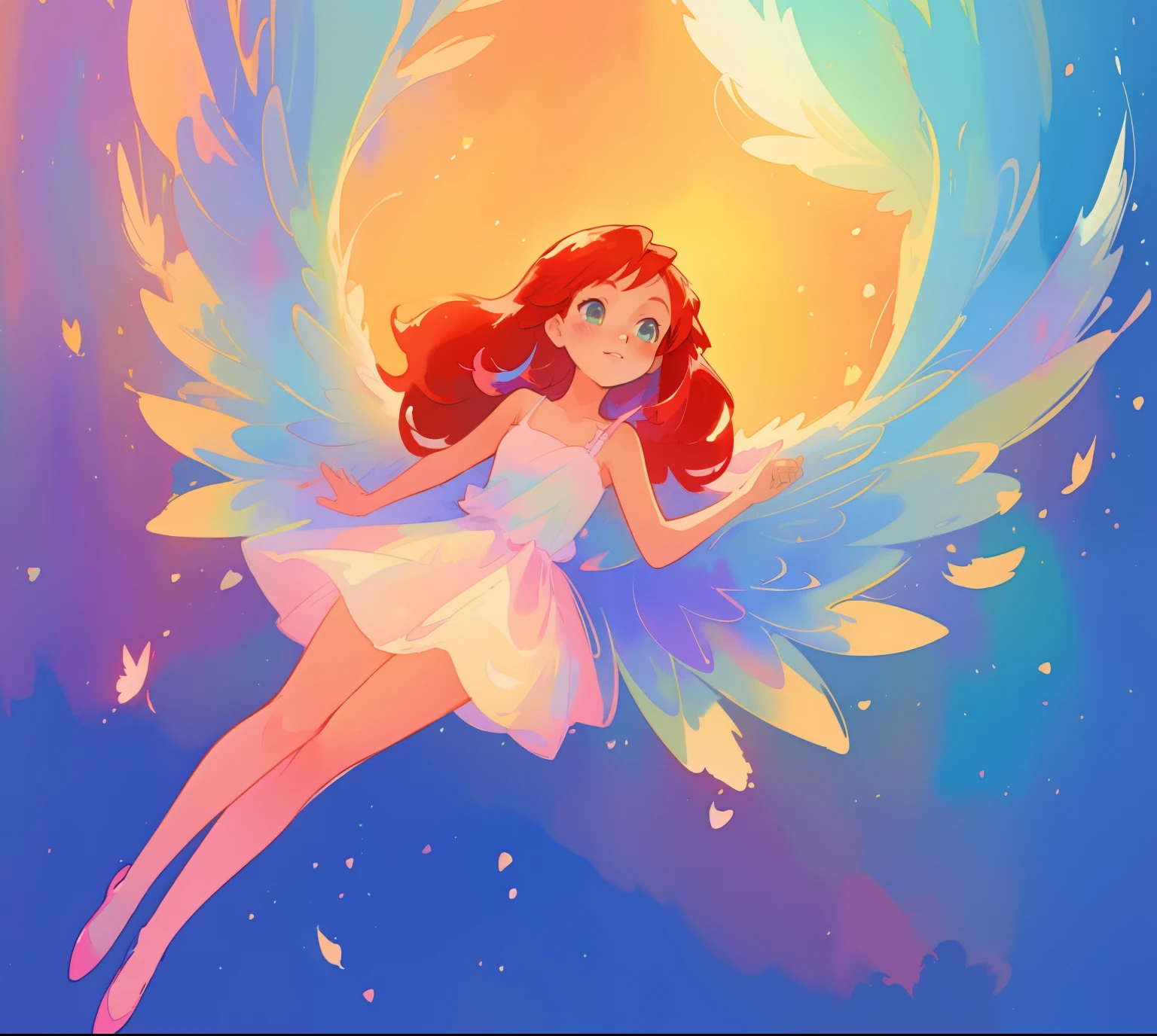 beautiful angel girl barefoot in shimmering long colorful dress, ((colorful angel wings)), vibrant pastel colors, long flowing red hair, colorful fantasia background, watercolor illustration, disney art style, beautiful digital illustration, beautiful, masterpiece, best quality, anime disney style, beautiful face, ((angel)), ((angel wings))