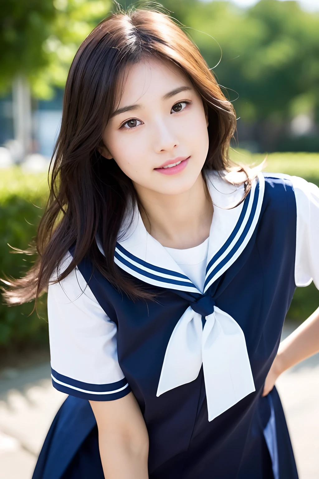 highest quality,Best Images,Japanese,Big Breasts,Long brown hair,beautiful girl,Sailor suit,smile