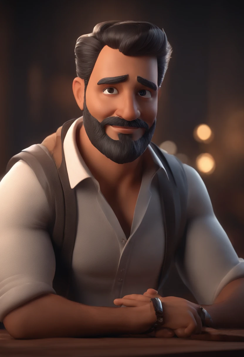 Personagem de desenho animado de um homem com barba volumosa com 43 anos e uma camisa preta,You're looking directly in the direction of the camera, animation character, Caractere estilizado, animation style rendering, 3D estilizado, Arnold Maya render, 3 d render stylized, toon render keyshot, Personagem 3D, Personagem 3D, 3d rendering stylized, 3 d character render, personagem de desenho animado, Personagem de close up, Pose de personagem,  (Estilo Pixar) (master part:1.2) (Bokeh) (best quality) (pele detalhada) (textura detalhada) (8k) (argila) (Cinematic lighting) (foco nítido