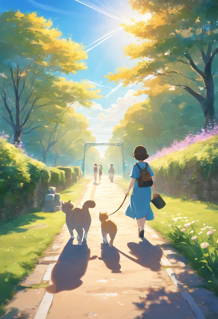 scottish fold cat ,happy, walking along the path, background is horses. blue sky.