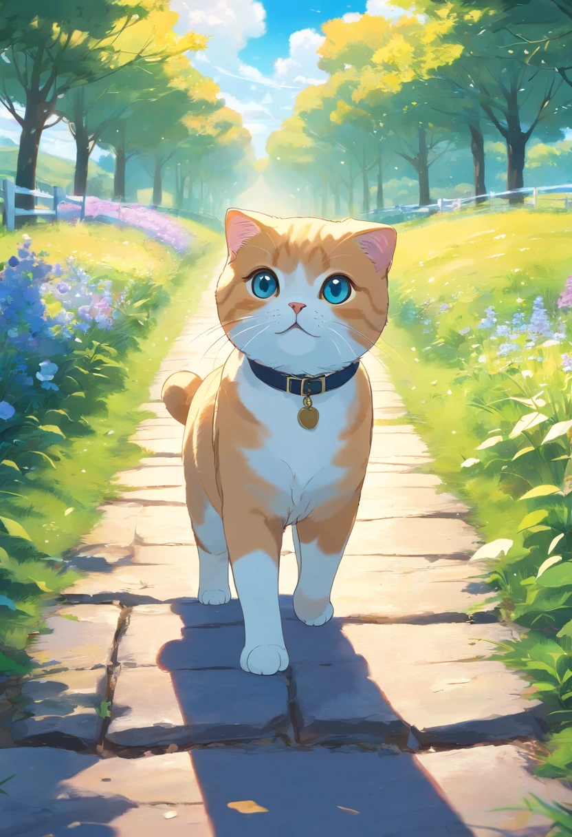 scottish fold cat ,happy, walking along the path, background is horses. blue sky.