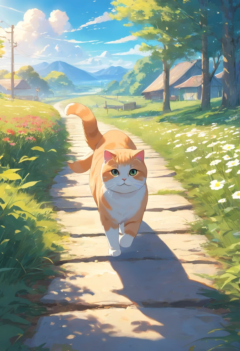 scottish fold cat ,happy, walking along the path, background is horses. blue sky.