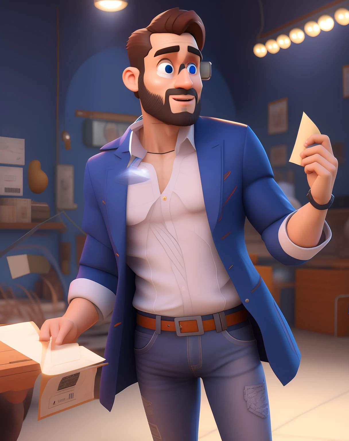 Man in blue jacket holding a piece of paper, semi-realistic rendering, 3 d render stylized, animation style rendering, 3d rendering stylized, stylized as a 3d rendering, promotional render, Artista CG, super detailed rendering, realista estilo 3d, toon render keyshot, animation character, cena detalhada, estilo de arte fotorrealista