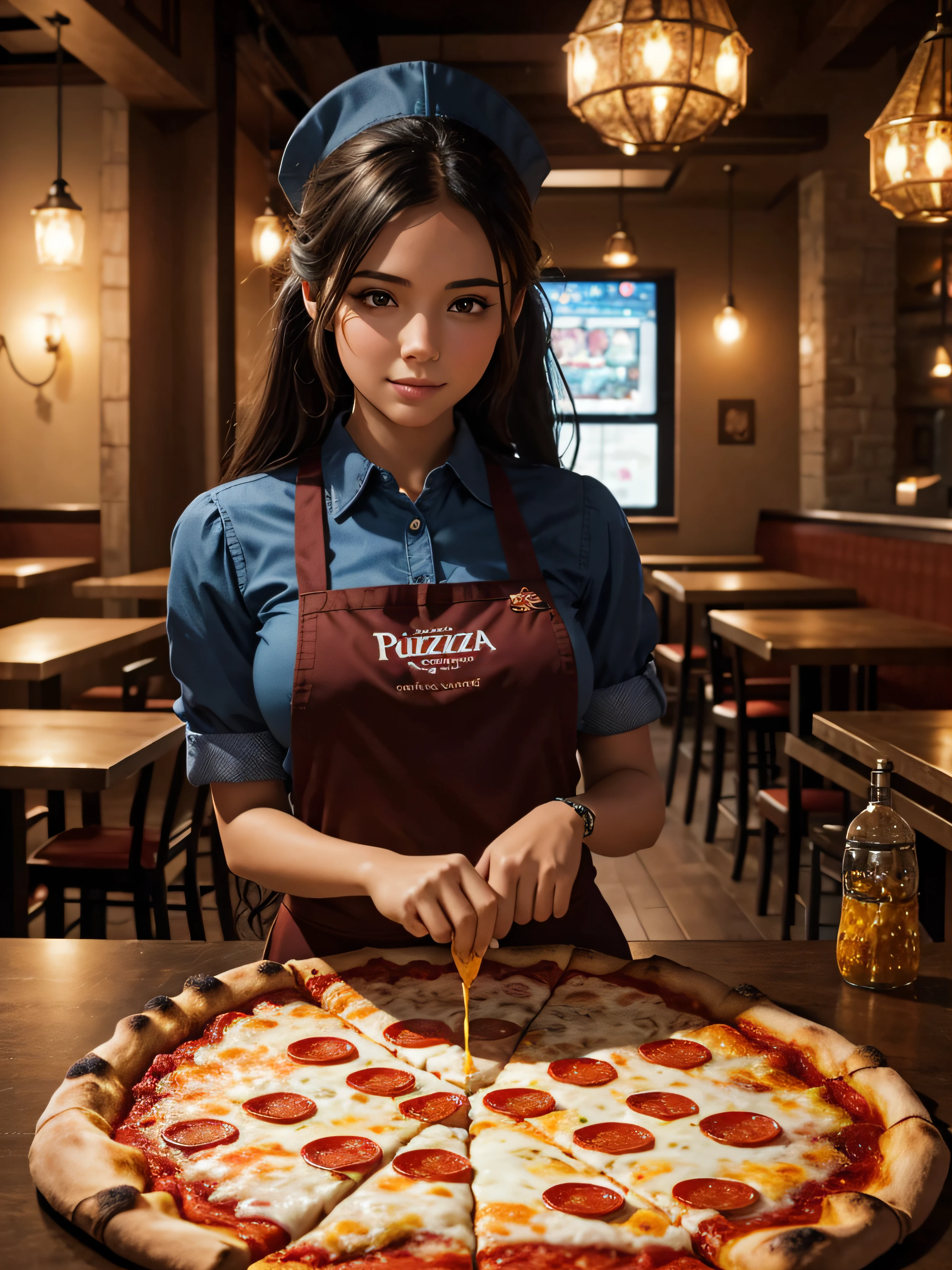 high quality, highly detailed, fantasy, At the forefront of this enchanting scene stands a beautiful girl working at a pizza restaurant 8K