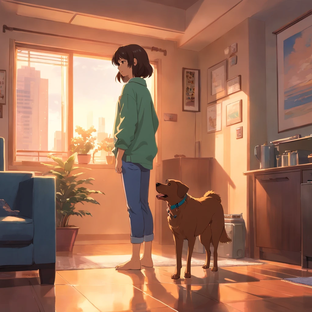 A brown dog with its owner in the apartment