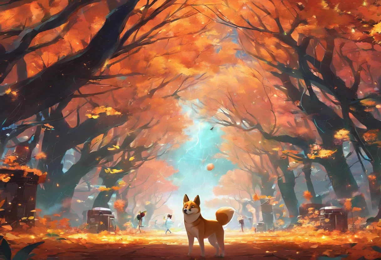 animesque、.。.3D、Shiba Inu in the foreground、autumnal、jpn、leaves falling、Running