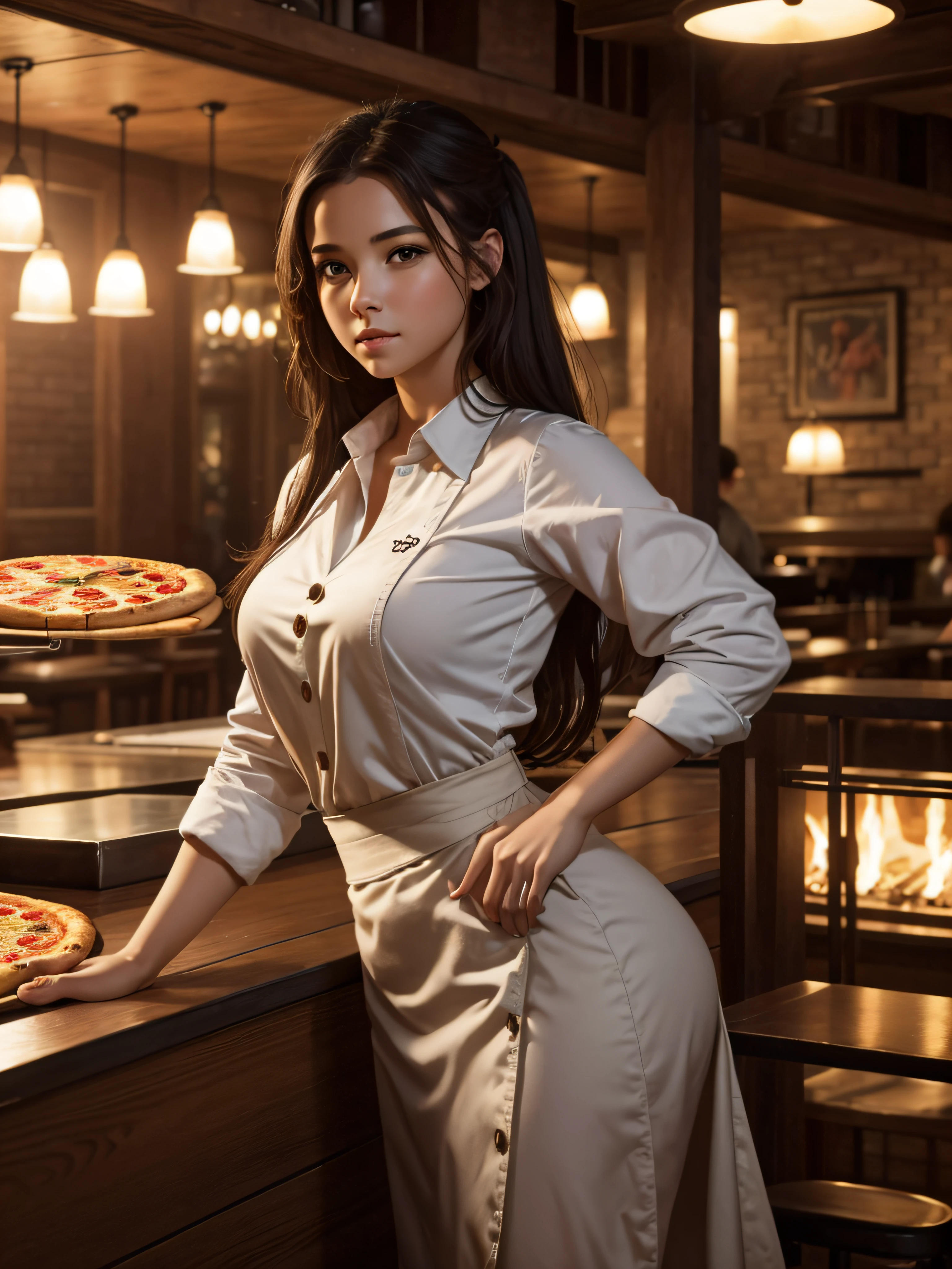 high quality, highly detailed, fantasy, At the forefront of this enchanting scene stands a beautiful girl working at a pizza restaurant 8K