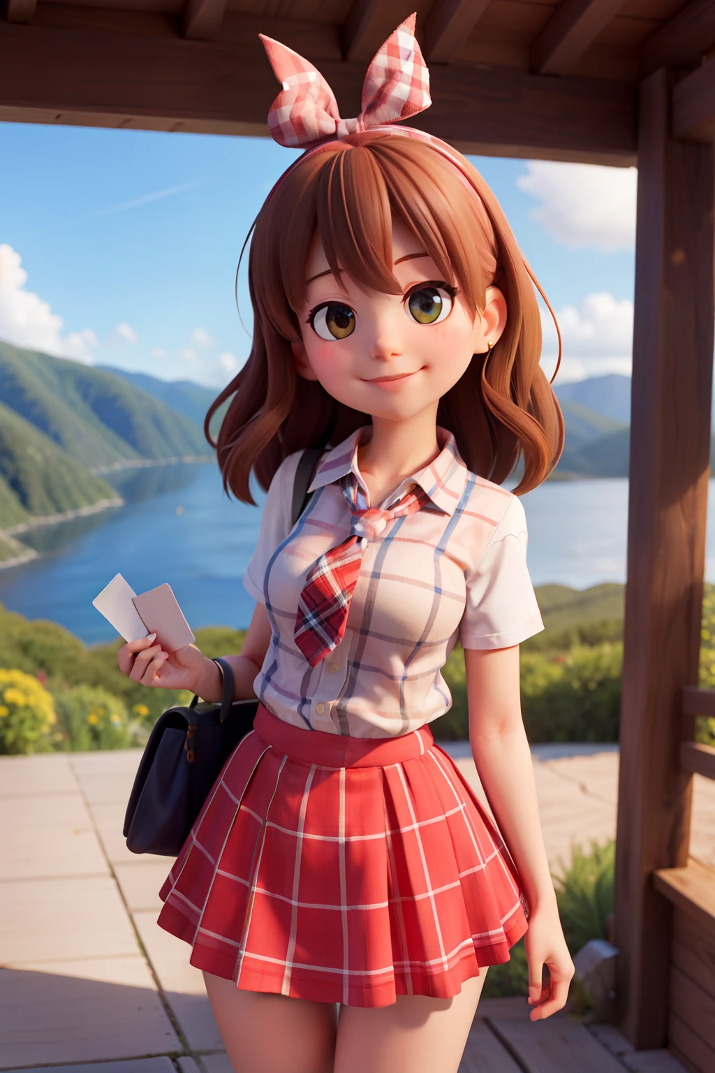masterpiece, high quality best quality,1girl, bangs, beach, blue_sky, blush, bow, breasts, checkered, checkered_shirt, checkered_skirt, cloud, cloudy_sky, collarbone, day, envelope, giving, grass, hair_bow, heart, holding, holding_letter, horizon, incoming_gift, kazami_yuuka, leaning_forward, lens_flare, letter, light_rays, long_hair, looking_at_viewer, love_letter, mountain, mountainous_horizon, ocean, outdoors, plaid, plaid_background, plaid_bikini, plaid_bow, plaid_bowtie, plaid_bra, plaid_dress, plaid_headwear, plaid_jacket, plaid_legwear, plaid_necktie, plaid_neckwear, plaid_panties, plaid_pants, plaid_ribbon, plaid_scarf, plaid_shirt, plaid_skirt, plaid_vest, pov, shirt, skirt, sky, smile, solo, sun, sunbeam, sunlight, tree, unmoving_pattern