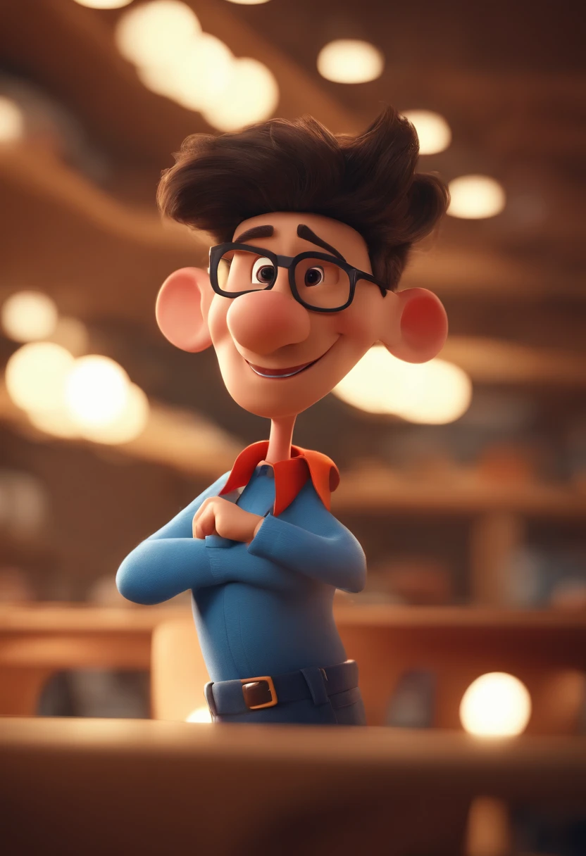 Cartoon character of a man with black glasses and a blue shirt, animation character, Caractere estilizado, animation style rendering, 3D estilizado, Arnold Maya render, 3 d render stylized, toon render keyshot, Personagem 3D, Personagem 3D, 3d rendering stylized, 3 d character render, personagem de desenho animado, Personagem de close up, Pose de personagem, (Estilo Pixar) (master part:1.2) (Bokeh) (best quality) (pele detalhada) (textura detalhada) (8k) (argila) (Cinematic lighting) (foco nítido