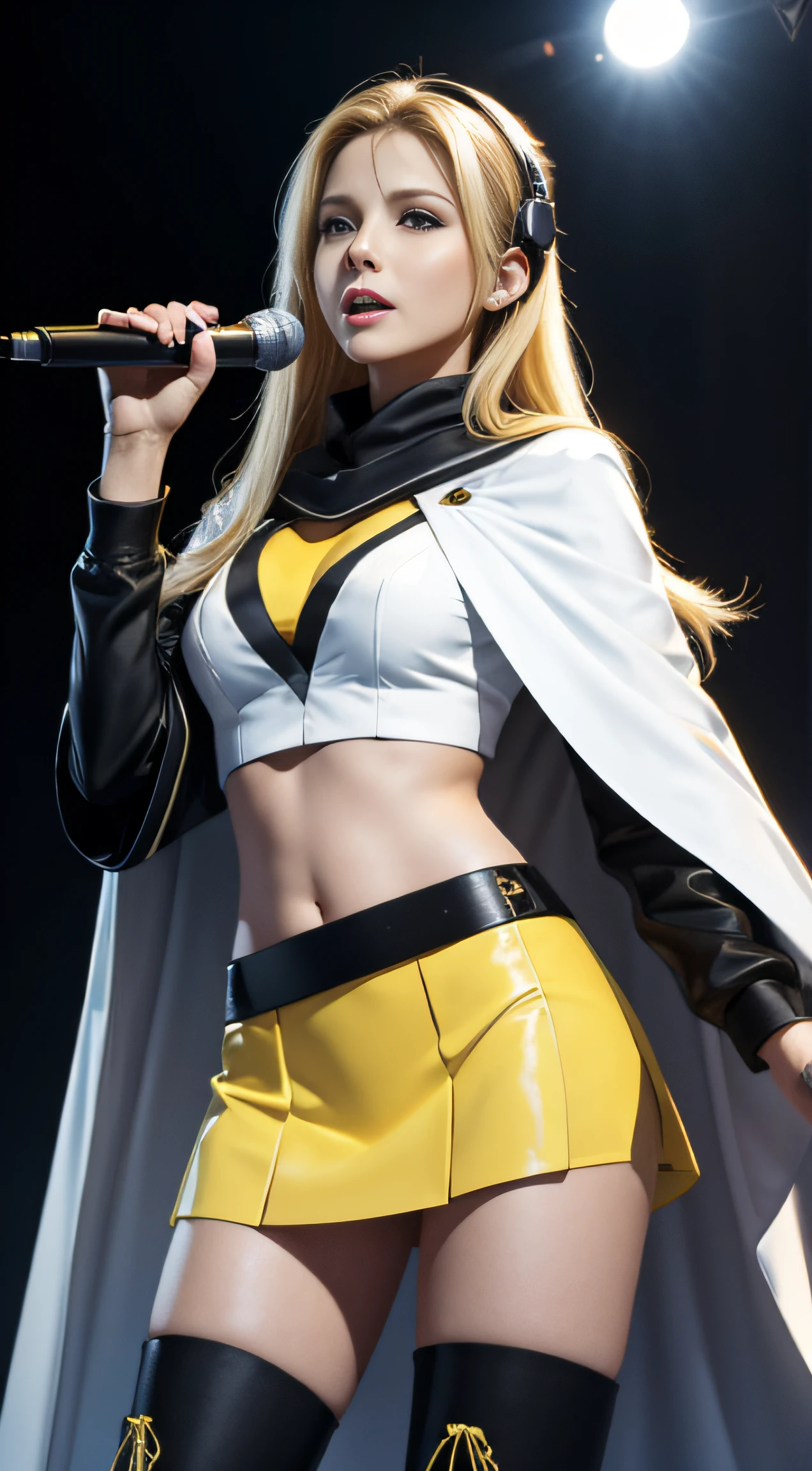 Photo of 18-year-old Olivia Newton-John wearing headphones in a white and yellow miniskirt、Clutch the microphone, navel look and wore a long black cloak、Post-singer-style realistic photos、disheveled long blonde hair、blue eyess、Yellow and black stripes Boots, 3D rendering、Cinematic yellow and black light、brilliance、16k resolution、