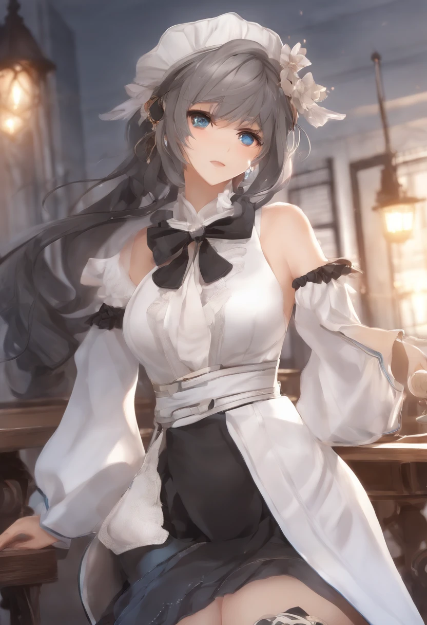 personagem de anime (Big) em avental branco e cabelo preto, Estilo Linha Azur, Fleet Series Style, pixiv 3dcg |, Ahegao, Cushart Krenz, estilo de arte moe anime, do videogame Azur Route, Oppai Biomechanics, mais bem classificado no Pixiv, best quality, HD 8K, lacuna na coxa, meio nu