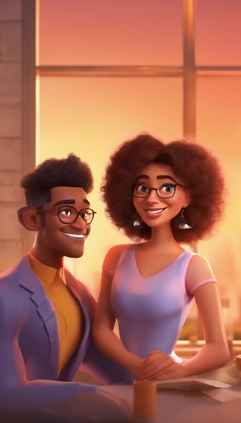 An illustration of an adorable couple, Highlight for a chubby mulatto man with glasses smiling and a brunette woman with beautiful expressive eyes - the man's skin is mulatto and the man's hair haswhile the woman's skin is black and the woman's hair is straight and brown. They are a bright room, cada um com um sorriso no rosto, e compartilhar um momento especial caracterizado pelo amor, Insights. Illustrate this scene from a perspective where they are facing the camera, Smiling and Showing Your Connection. Desenvolva esta arte em Full HD, Focus on your cinematic touch, Estilo Disney Pixar Animations