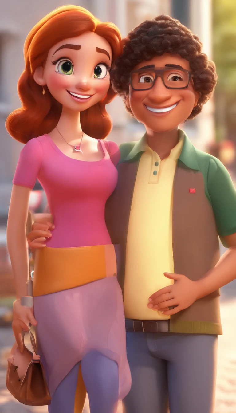 An illustration of an adorable couple, Highlight for a chubby mulatto man with glasses smiling and a brunette woman with beautiful expressive eyes - the man's skin is mulatto and the man's hair haswhile the woman's skin is black and the woman's hair is straight and brown. They are a bright room, cada um com um sorriso no rosto, e compartilhar um momento especial caracterizado pelo amor, Insights. Illustrate this scene from a perspective where they are facing the camera, Smiling and Showing Your Connection. Desenvolva esta arte em Full HD, Focus on your cinematic touch, Estilo Disney Pixar Animations