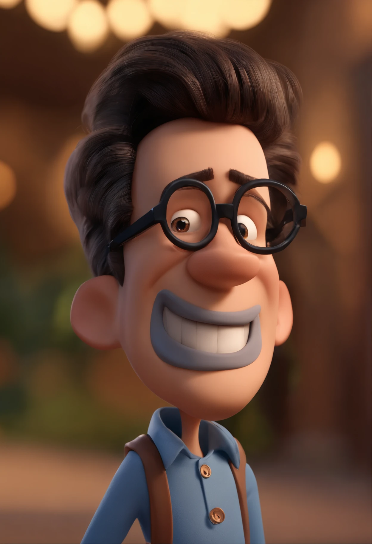 Cartoon character of a man wearing black glasses and a blue shirt, um personagem animado, Caractere estilizado, animation style rendering, 3D estilizado, Arnold Maya render, 3 d render stylized, toon render keyshot, Personagem 3D, Personagem 3D, 3d rendering stylized, 3 d character render, personagem de desenho animado, Personagem de close up, Pose de personagem, (Estilo Pixar) (master part:1.2) (Bokeh) (best quality) (pele detalhada) (textura detalhada) (8k) (argila) (Cinematic lighting) (foco nítido,Senta e vaza a parte superior do corpo
