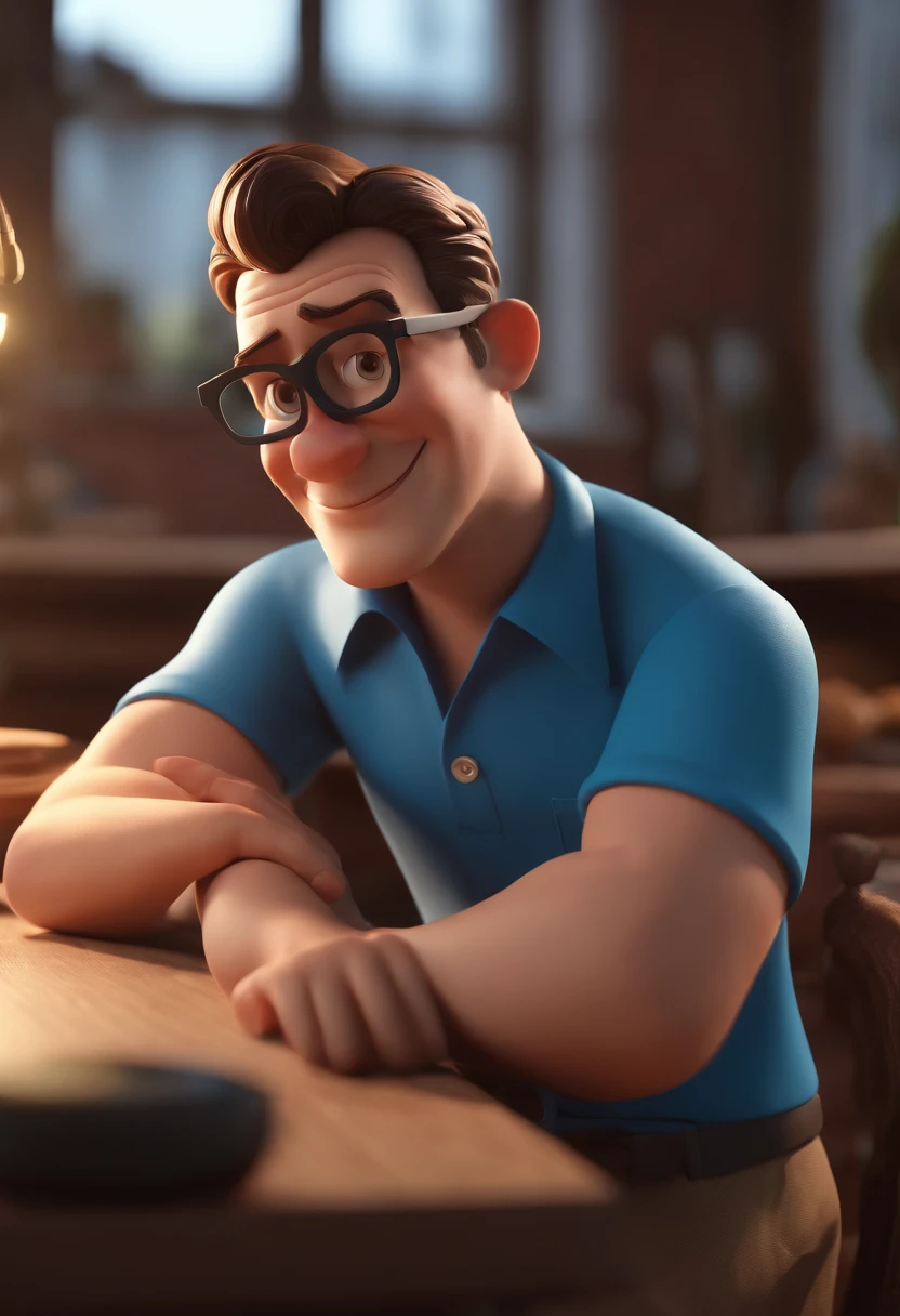 Cartoon character of a man with black glasses and a blue shirt, animation character, Caractere estilizado, animation style rendering, 3D estilizado, Arnold Maya render, 3 d render stylized, toon render keyshot, Personagem 3D, Personagem 3D, 3d rendering stylized, 3 d character render, personagem de desenho animado, Personagem de close up, Pose de personagem,  (Estilo Pixar) (master part:1.2) (Bokeh) (best quality) (pele detalhada) (textura detalhada) (8k) (argila) (Cinematic lighting) (foco nítido
