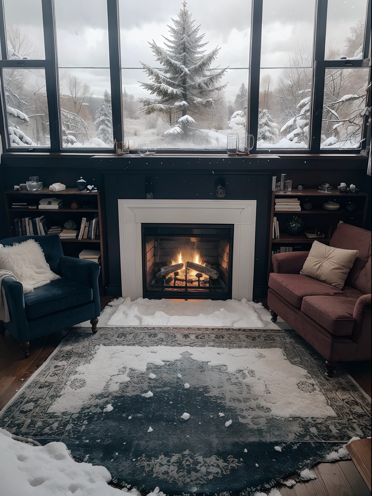 Create an ultra-detailed image of a cozy room with a roaring fireplace and snow crystals falling outside. There is a large glass window overlooking a snow-covered landscape, with white flakes falling gently from the cloudy sky. Inside the bedroom is a king size bed with a fluffy white comforter and blue pillows. In front of the roaring fireplace are two dark blue velvet armchairs. Between the armchairs there is a light wooden coffee table with two glasses of red wine and an open book. The floor is covered in a soft, shaggy rug. The dark wood of the walls contrasts with the snow outside. The atmosphere is warm, relaxing and inviting