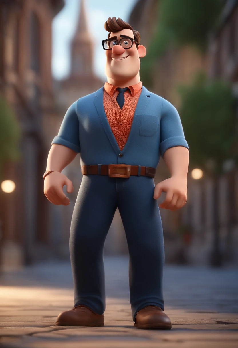 A man wearing black glasses and a blue shirt, um personagem animado, Caractere estilizado, animation style rendering, 3D estilizado, Arnold Maya render, 3 d render stylized, toon render keyshot, Personagem 3D, Personagem 3D, 3d rendering stylized, 3 d character render, personagem de desenho animado, Personagem de close up, Pose de personagem, (Estilo Pixar) (master part:1.2) (Bokeh) (best quality) (pele detalhada) (textura detalhada) (8k) (argila) (Cinematic lighting) (foco nítido，Senta e vaza a parte superior do corpo