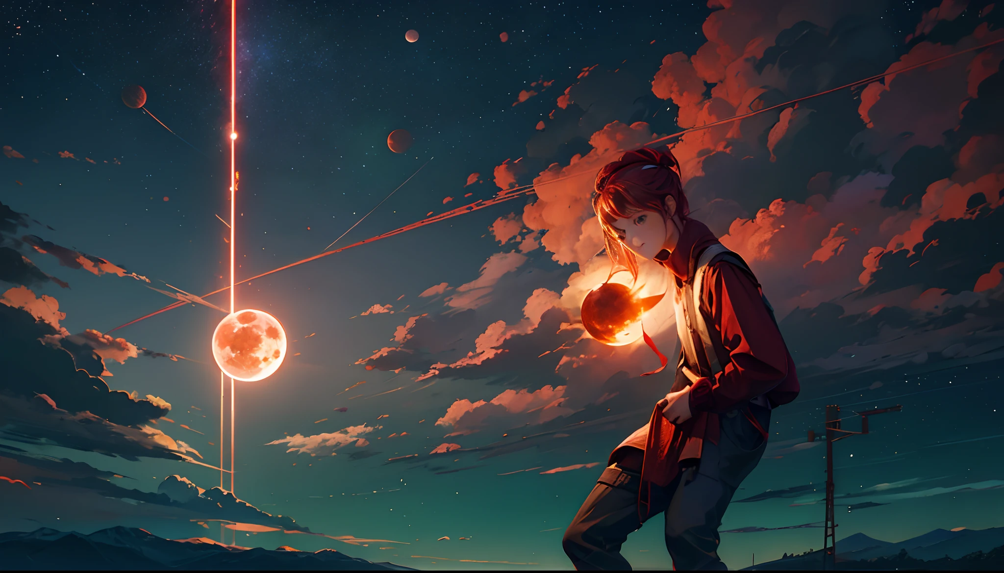 There is a large blood moon in the sky，A sky full of stars，A red meteor streaked across the sky，Multiple green Northern Lights float overhead，middle parted hairstyle，Suspenders