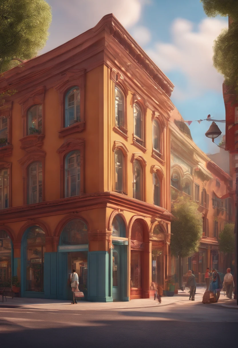 Pixar 3D style drawing of a slimming clinic in the city center with a character in the foreground