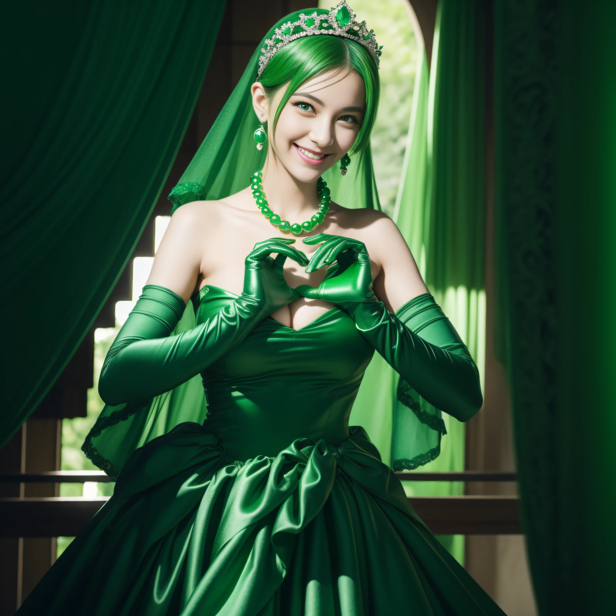 emerald tiara, Green Pearl Necklace, Boyish very short green hair, lipsticks, Japan woman smiling, very short short hair,  big breasts beautiful, Green eyes, Long green gloves made of satin material, Green eyes, Emerald Earrings, green vale, Heart with both hands,Green hair