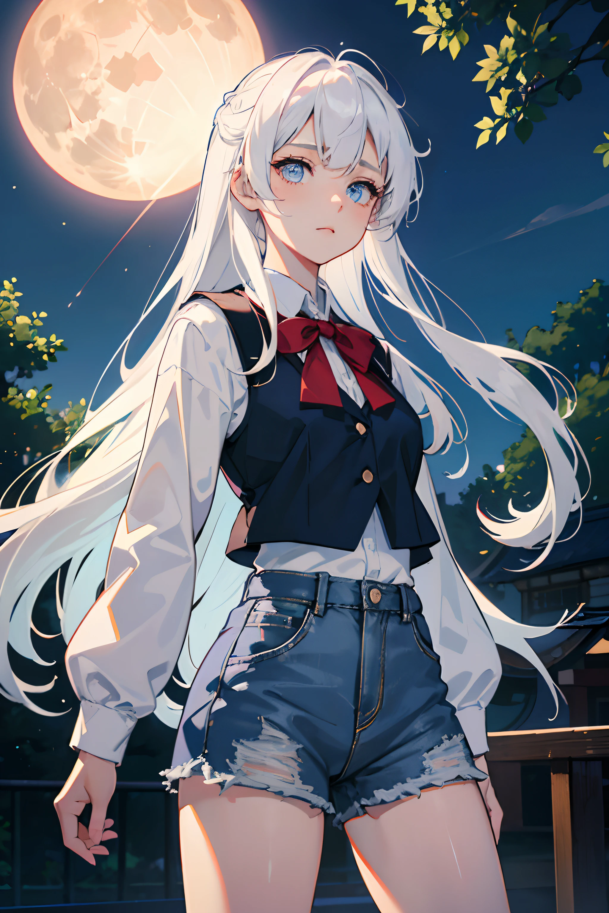 one girl, minako aino, white hair, long hair(half tailed hair), hair between eyes, long bangs, blue eyes, beautiful eyes,thick legs,perfect body, white school shirt long sleeves, navy blue vest, red shorts denim texture,shy pose,in the park,night,full moon,tokyo tower