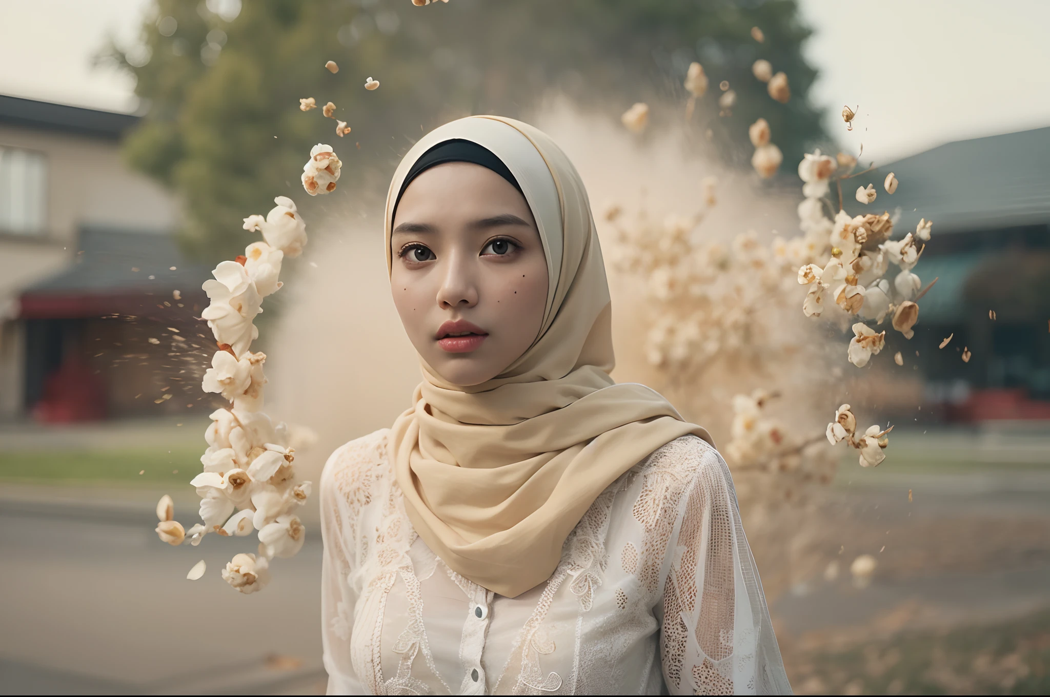 a beautiful malay young woman in hijab, is standing with large popcorn explosion in the background, popcorn flying in the air, in the style of mid sommar, fanciful, natural landscape , dreamlike imagery, captivating documentary photos, flowing fabrics, disintegrated, intricate --ar 146:79 --v 5.1 --style raw, 35mm lense, Top-Down Shot, Deep Focus cinematography effect, Natural Lighting, cool-toned color grading, high quality, ultra detail, 8k resolution,