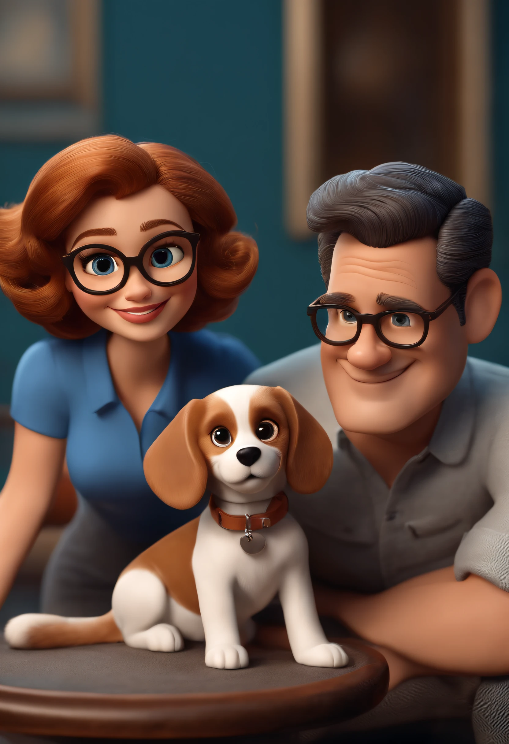 pixar. Couple with a brown beagle puppy. la chica tiene cabello rubio atado, remera gris y jean claro, gafas blancas. el chico cabello  con canas, poca barba, gafas, jean azul oscuro y remera gris. They are both smiling and 40 years old
