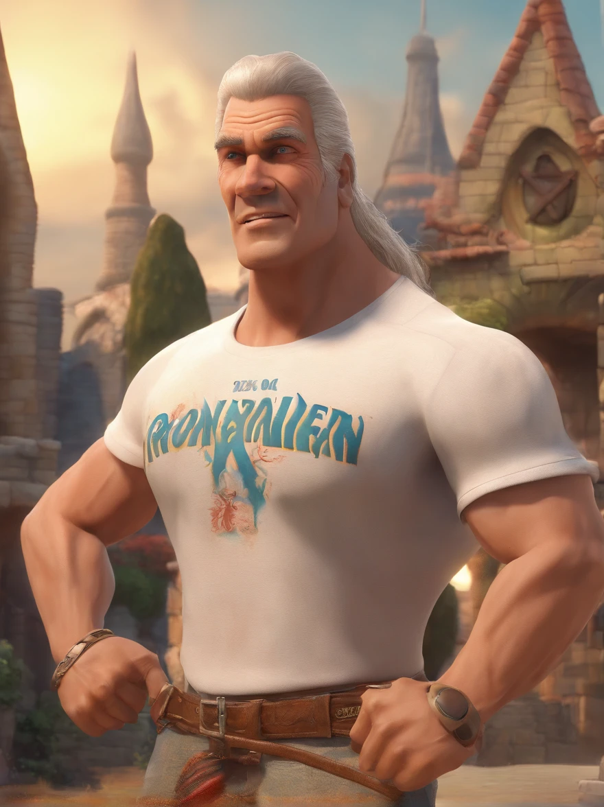 Desenhe um homem caucasiano de cerca de 40 anos, com longos cabelos castanhos encaracolados, olhos azuis acinzentados. He's standing on a winding road, cercada por majestosas montanhas. O homem usa roupas pretas, incluindo uma camiseta do Iron Maiden. Com um sorriso contagiante, He makes the horn heavy metal sign with his right hand. A imagem deve ser em 4K, no estilo 3D de desenho animado da Pixar, Capturing realistic and captivating strokes, while maintaining the