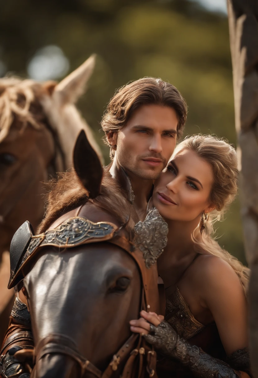 (((medium shot))), par, (um homem e uma mulher), Two individuals, fora do castelo, Jousting, frisky, frisky, doce, Feliz, sorrir, armadura, Cota de malha, armadura, Feliz, Olhos bonitos, frisky, Surrealismo, Pov, Romantismo, Cinematic lighting, 8k, UHD, master part, ccurate, anatomicamente correto, pele texturizada, High detail, alta qualidade, high resolution, Premiado, best quality, 16k, corpo ruim, bad hands, pernas ruins.